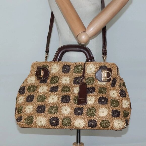 Salvatore Ferragamo Gancini Tote Bag Raffia Leather Brown Gold Auth - Picture 1 of 16